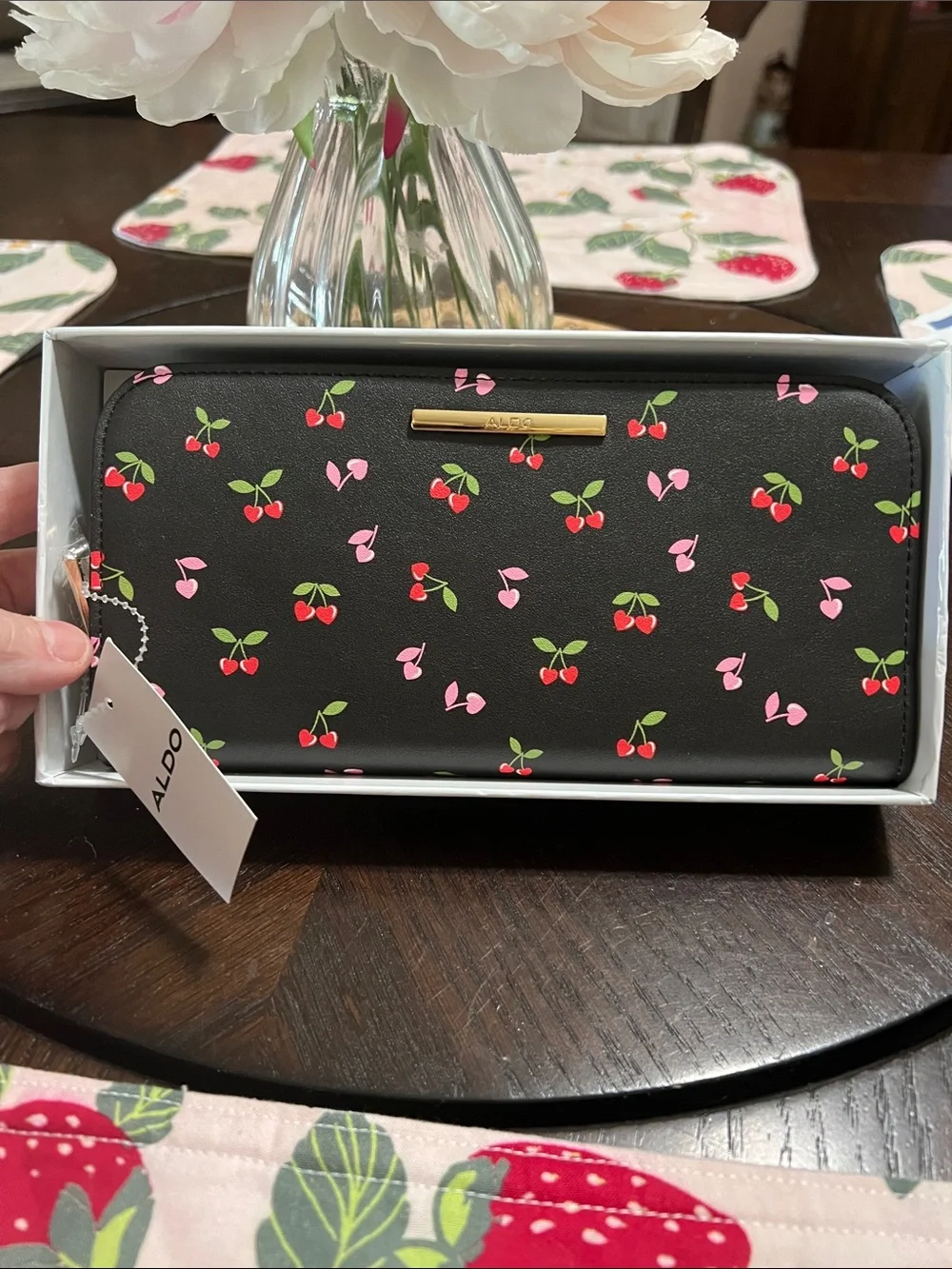 ALDO NEW Black Cherry Print Compact Zip Wallet, Giftable